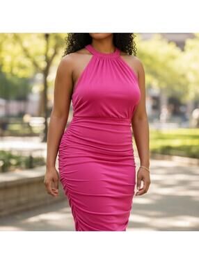 Lulus Hot Pink Ruched Halter Midi Dress XL NWT